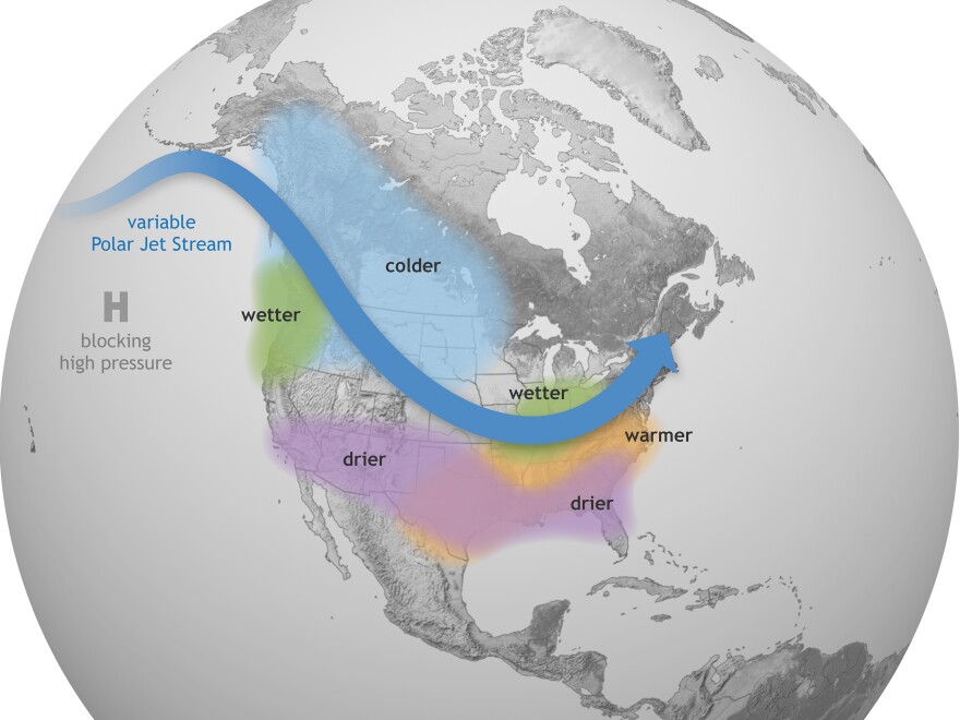 This Climate.gov graphic shows how La Niña generally affects weather conditions in the U.S. Forecasters say there's a nearly 90% chance that La Niña conditions will be in place from December 2021 to February 2022.