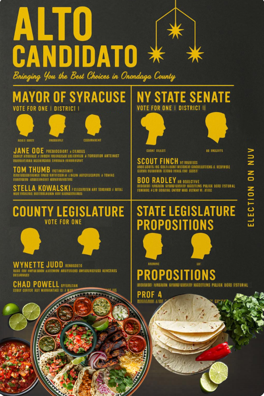 A local Syracuse restaurant menu morphed with a local ballot. Mexican restaurant dishes are seen below a list of fictitious names running for typical offices in a given election cycle.