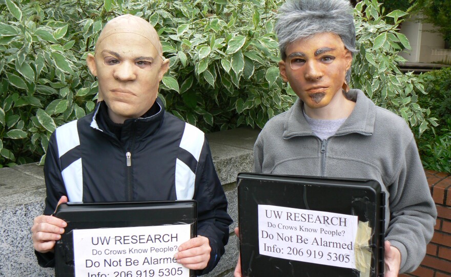 Heather Cornell and Kaeli Swift incognito to explore what crows know. This photo was taken in 2008 during the filming of the PBS documentary, A Murder of Crows.