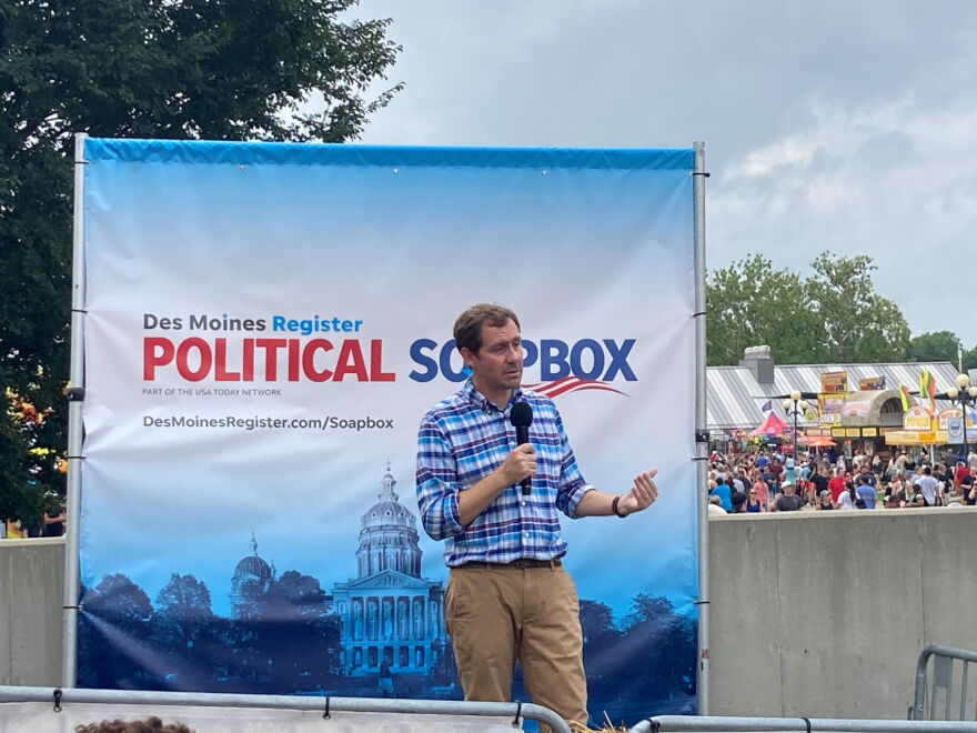 Independent candidate in Iowa's 1st Congressional District Michael Bridgford speaks at the Des Moines Register Political Soapbox at the state fair on Aug. 15.