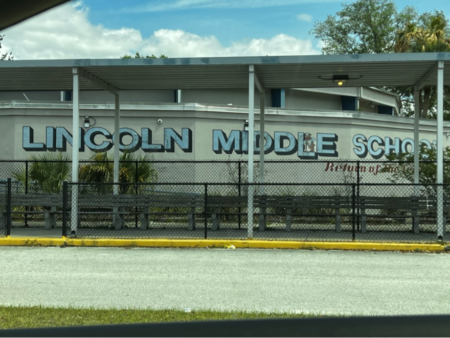 A side view of Alachua County’s Abraham Lincoln Middle School in Gainesville, Florida, where Westin Martin is currently an eighth grader. (Zackary Weiss/WUFT News)