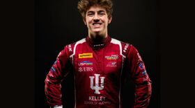 IU rising senior and USF Pro 2000 Series race car driver Joey Brienza in his new racing suit adorned with IU colors and logos.