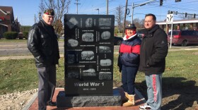 JC Sullivan (left), Pat French and Frank Gambosi (right) came to Veterans Memorial Park on Sunday to honor Frank's grandfather, who fought in World War I.