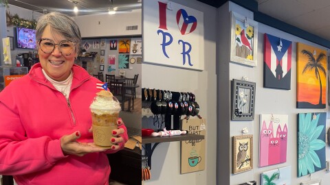 Luzann Torres holds a Bad Bunny-inspired latte at her coffee shop Aroma Café in West Allis. The Puerto Rican artist will perform on Feb. 8 during the 2026 Super Bowl halftime show.