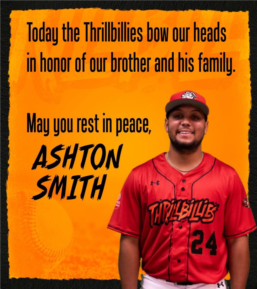  A picture of Ashton Smith smiling in his Thrillbillies uniform with a message of his passing from the team