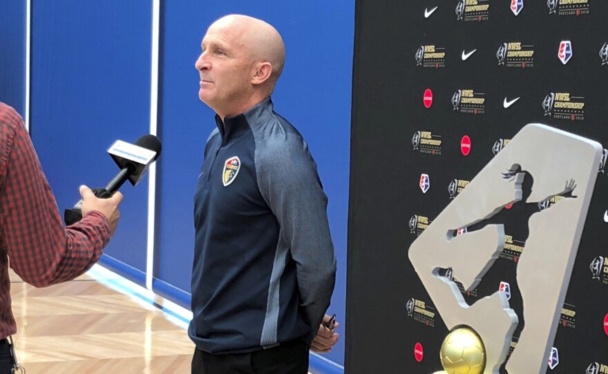 North Carolina Courage coach Paul Riley is pictured in 2018. An independent investigation  found emotional abuse and sexual misconduct were systemic in the National Women's Soccer League. Players Sinead Farrelly and Mana Shim came forward with allegations of harassment and sexual coercion dating back a decade involving former coach Paul Riley.