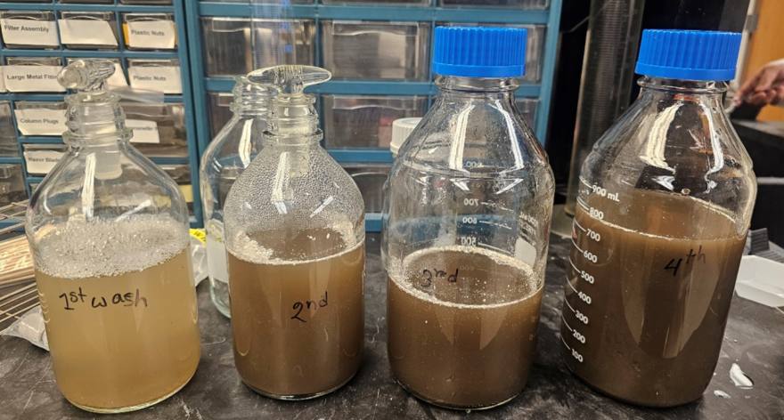 Untreated water the researchers tested during their study. They kept track of chemicals throughout recycling washing processes and found that contaminants built up in the water after several washing cycles.