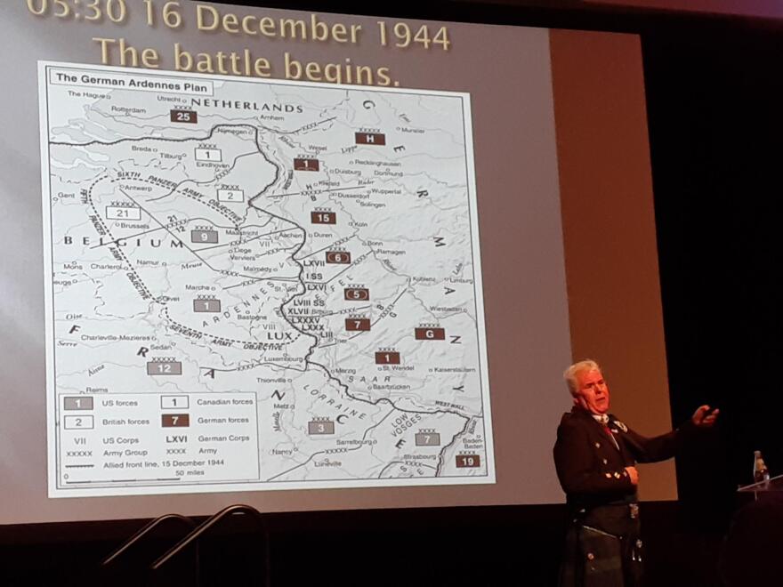 British historian Martin King explains how the allied forces were able to defeat the German army at the Battle of the Bulge during an event at the Four Seasons hotel.