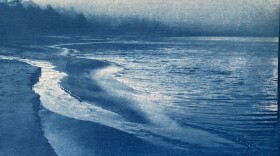 A photo of waves rolling towards the shore with a deep blue tint. 