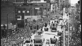  Hundreds of thousands of people lined the streets of Grand Boulevard for the Kansas City Chiefs' Super Bowl victory parade on Feb. 15, 2023.