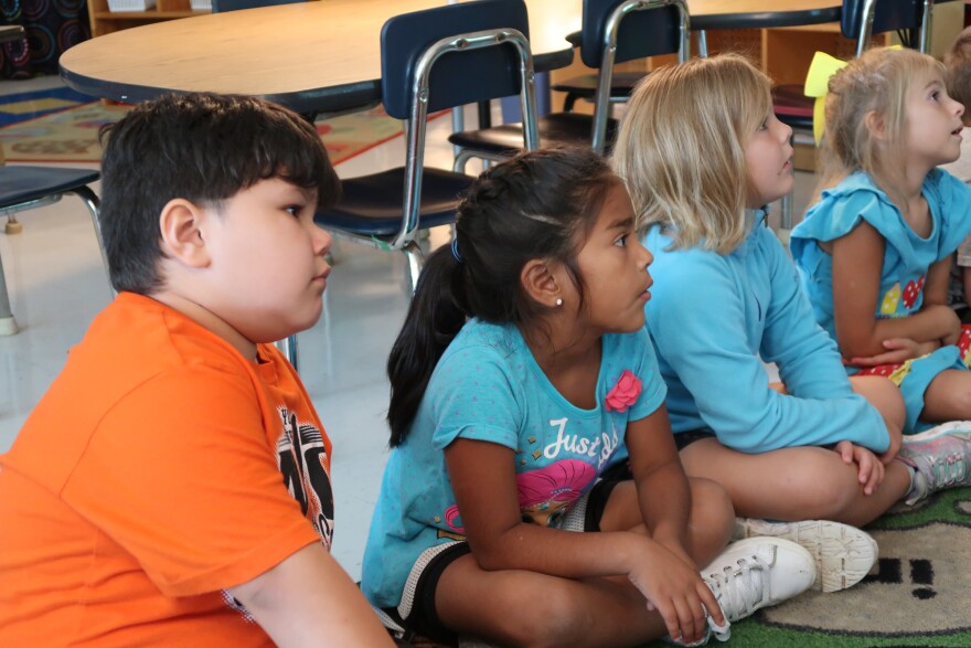 Kindergarten students TT Askew, Alicia Garcia Elvira, Haylen Lovelace and Mercy Nelms are students in Jakeli Swimmer's Cherokee language and culture class at Robbinsville Elementary.