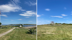 Two views from Star Island, one with the ocean and another with a gazebo in the distance.