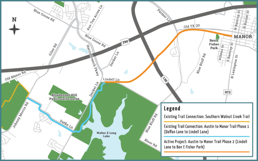 A map showing the Austin to Manor Trail and its phases, along with the connection to the Southern Walnut Creek Trail.