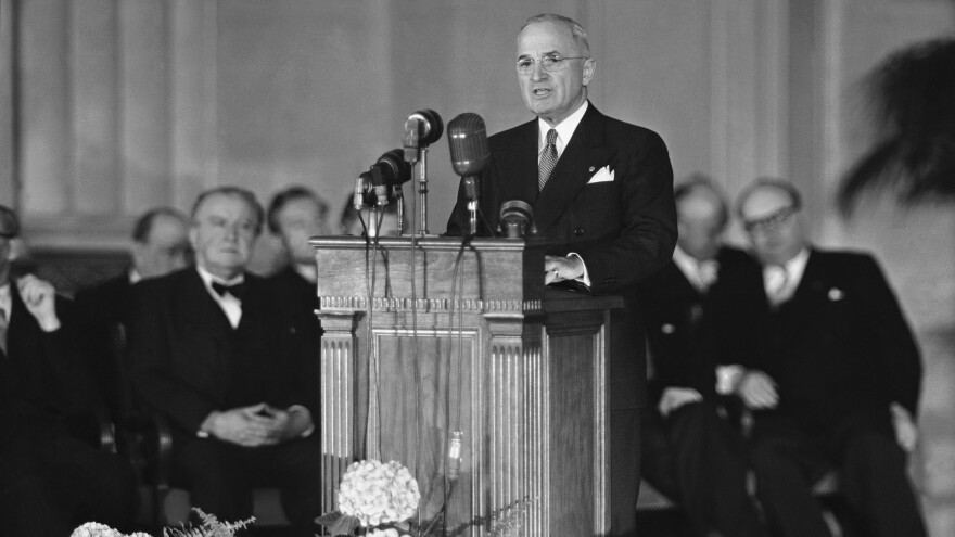 President Harry Truman calls NATO a "shield against aggression" at the ceremony that established the 12-nation alliance in Washington in 1949. Truman played a central role in creating many of the international organizations set up in the wake of World War II. President Trump has often questioned their relevance and cost under his "America First" policy.