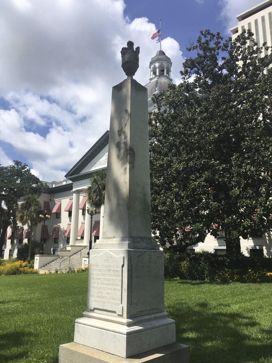 This Aug. 15, 2017, photo shows a 138-year-old Confederate monument in Tallahassee, Fla. (AP Photo/Gary Fineout)