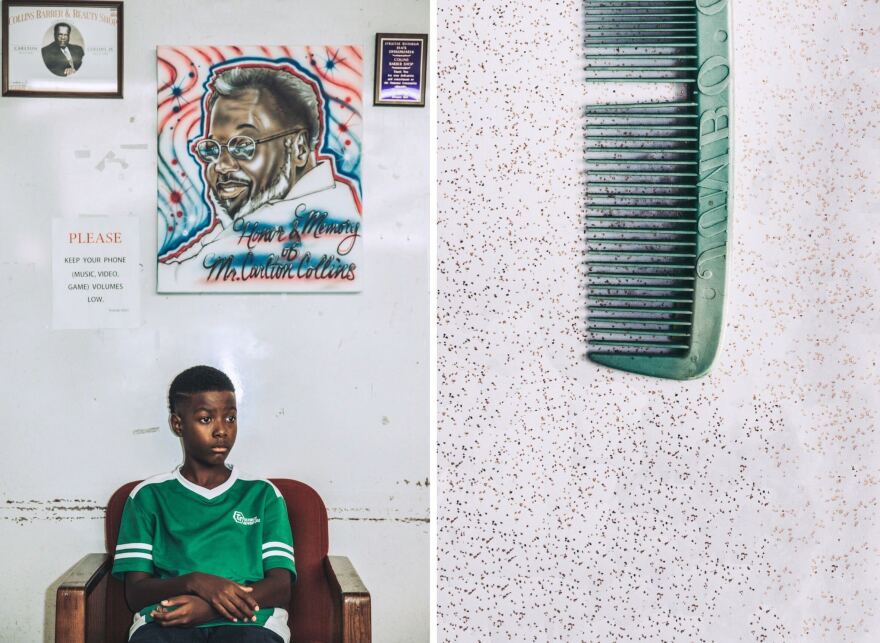 Left: Ga'verri Jones-Collins, Charleston's grandson, 10, sits for a portrait below an air-brush painting of his great grandfather. Right: A comb Carlton and Juanita purchased at South of The Border in South Carolina, while traveling.