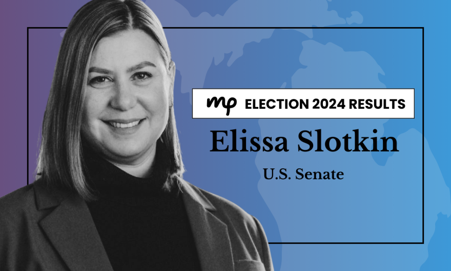 black and white image of Elissa Slotkin on blue gradient background