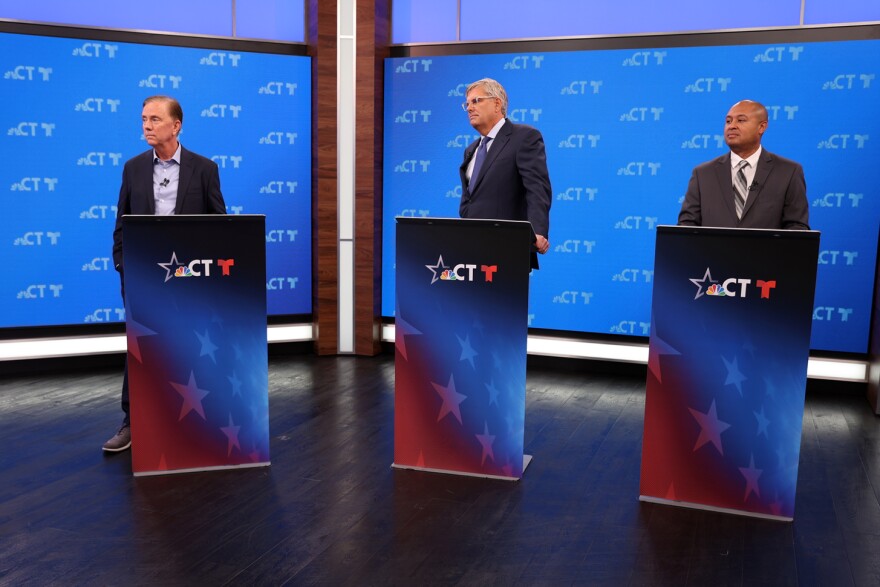 From left: Democrat Governor Ned Lamont, Republican Bob Stefanowski (R) and Rob Hotaling of the Independent Party met for a live streamed debate September 27, 2022.