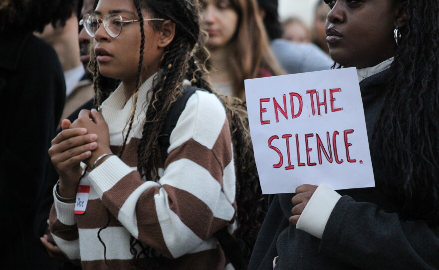 A large crowd gathered on Cornell’s campus Monday afternoon to show support for a Cornell student, known as Jane Doe, who alleges she was raped by fraternity members on campus in 2024.