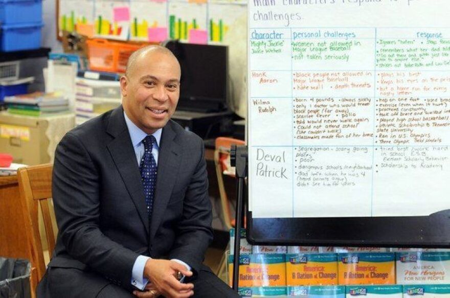 In 2014, then-Governor Deval Patrick meets with students at William N. DeBerry Elementary School in Springfield, Massachusetts.