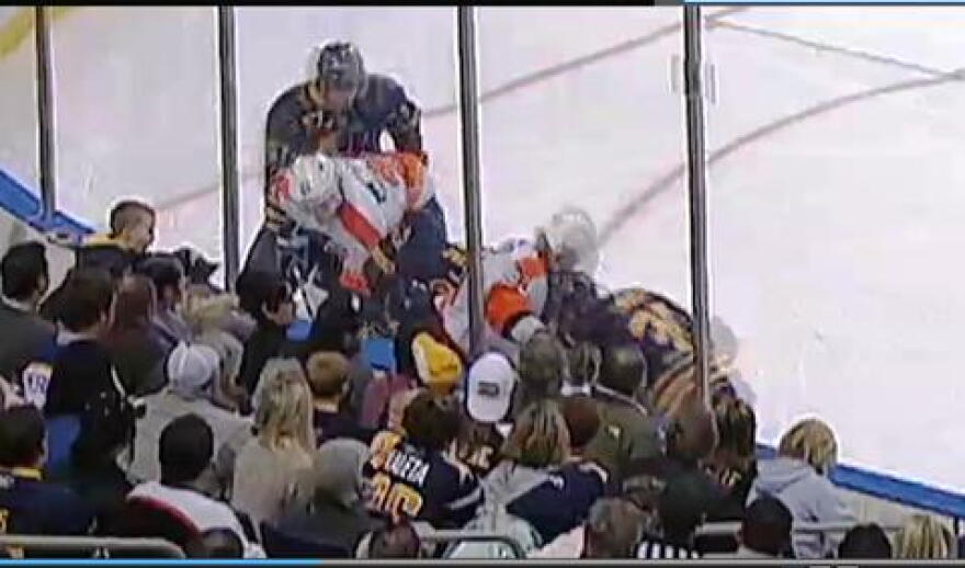 Sabres forward Patrick Kaleta head putts Flyer