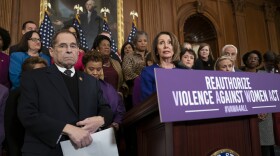 Speaker of the House Nancy Pelosi, D-Calif., joined at left by House Judiciary Committee Chairman Jerrold Nadler, D-N.Y., calls attention to Democrat plans to reauthorize the Violence Against Women Act which provides funding and grants for a variety of programs that tackle domestic abuse, at the Capitol in Washington, Thursday, March 7, 2019.