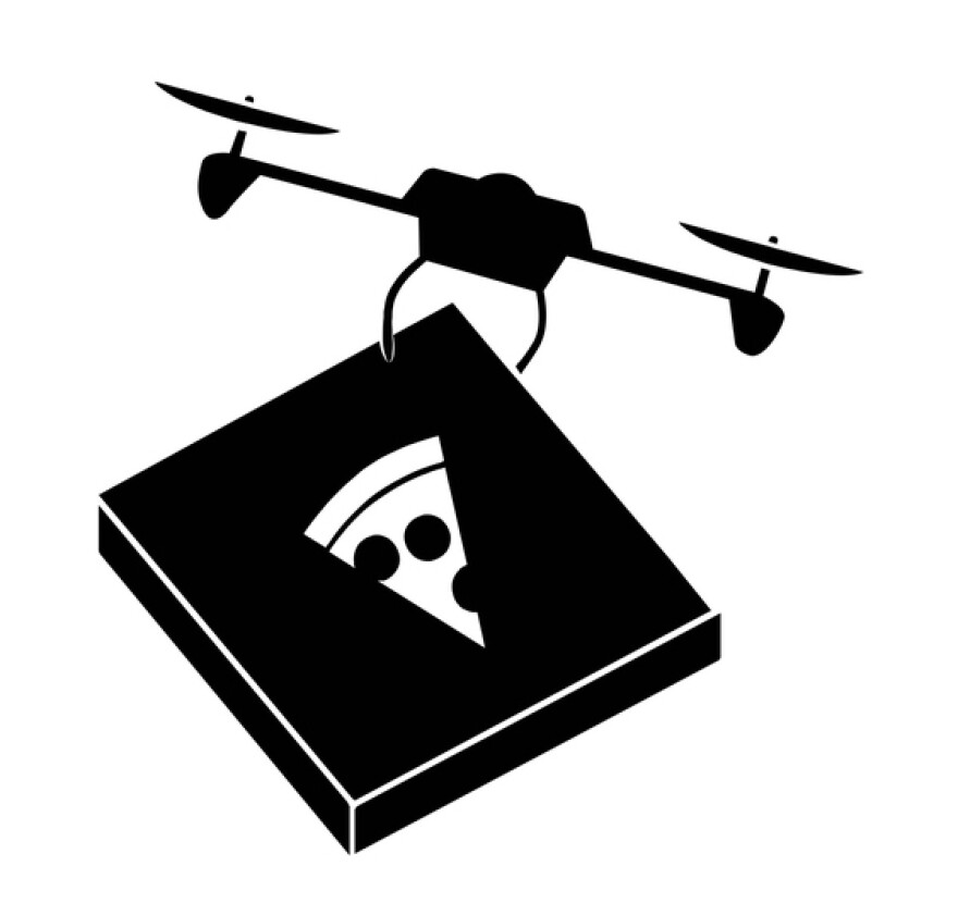 This icon of a drone delivering pizza is part of a topic called "There's a drone for that."