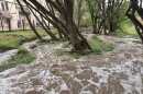 Poison Creek in Old Town Park City overflows during a July 2026 rainstorm.