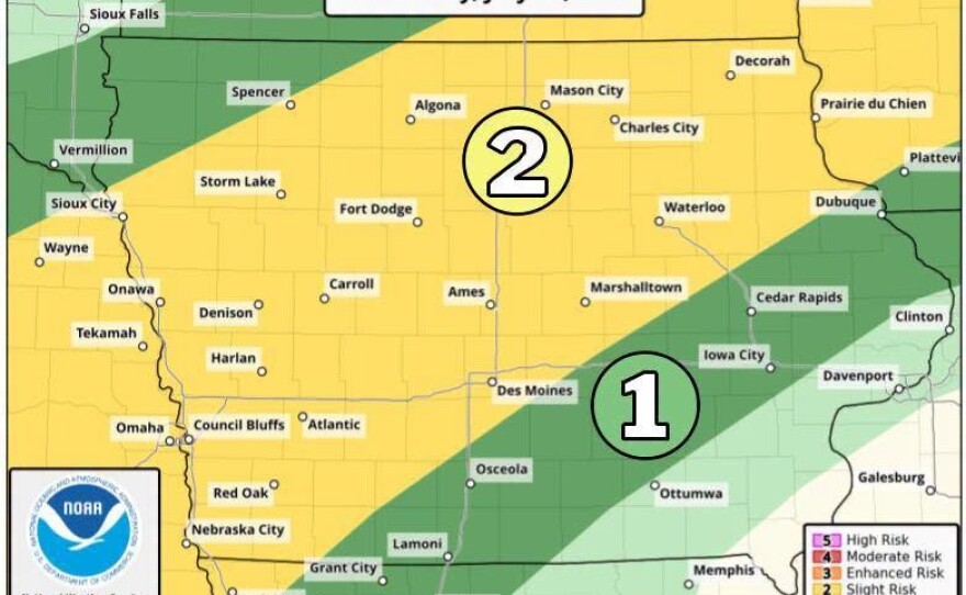 The National Weather Services shows Iowa is at a slight risk for severe weather Wednesday. Damaging winds and heavy rain are the primary threats from 3 p.m. to 10 p.m.