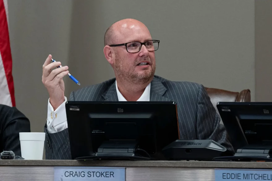 Craig Stoker at his first City Council meeting after winning his election. The reconstituted council’s first priority will be finding a replacement for the city manager who resigned following the election.