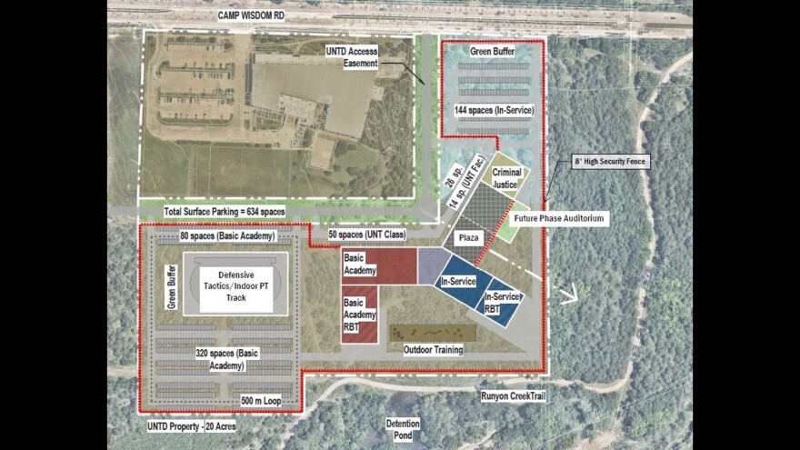 A conceptual plan for the proposed 20-acre Dallas Police Department Training Academy facility on UNT-Dallas' campus.