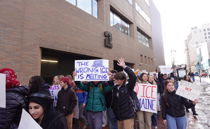The students marched from Monument Square to City Hall in Portland on Dec. 3, 2025.