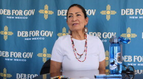 In this photo taken with a smartphone, Democratic gubernatorial nominee Deb Haaland answers questions during an interview at her campaign headquarters in Albuquerque, N.M., on Friday, Oct. 9, 2026.