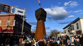 People gather as they celebrate at George Floyd Square after the verdict was announced in the trial of former police officer Derek Chauvin in Minneapolis, Minnesota on April 20, 2021. (Chandan Khanna/AFP/Getty Images)