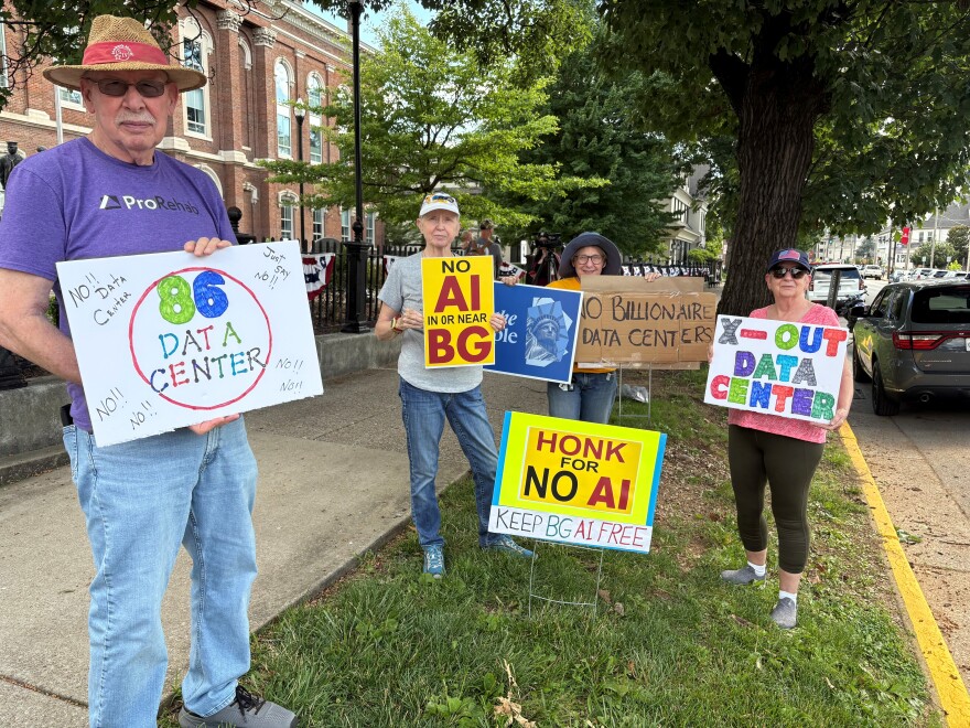 Bowling Green residents protest a data center zoning ordinance outside the city commission meeting on June 16, 2026.