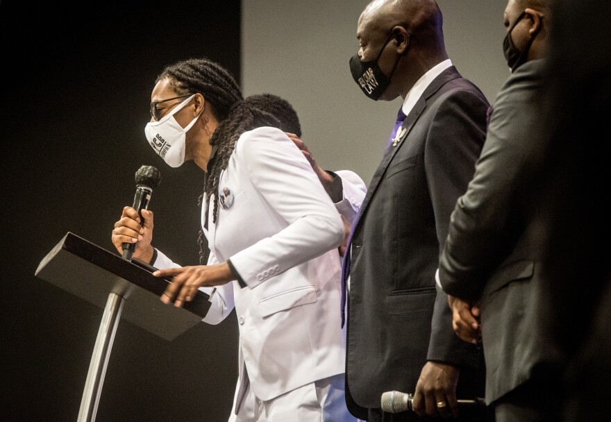 Khalil Ferebee, the oldest son of Andrew Brown, Jr., delivers remarks at his Monday afternoon funeral. A funeral service was held Monday at Fountain of Life Church in Elizabeth City, NC, for Andrew Brown, Jr. Brown, a 42-year-old Black man, was shot five times, including once in the back of the head, when Pasquotank County deputies tried to serve drug-related search and arrest warrants at his home April 21. (Kate Medley / WUNC)