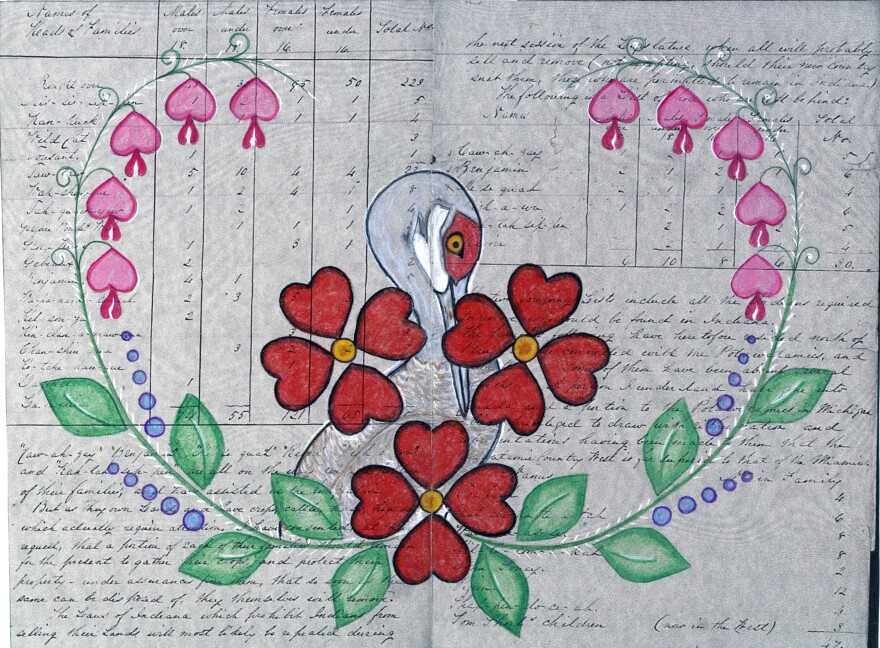 This image was created by Katrina Mitten, a citizen of the Miami Tribe of Oklahoma. The background is an image of the count of Myaamia people on the steamboat Colorado as they were being removed from their homelands. The Crane is a symbol of Myaamia people, and it sits among bleeding hearts and heart-shaped petals, representing that hearts still bleed emotionally for those who were affected by Myaamia removal.