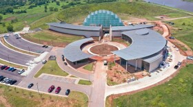 An overhead view of the new First Americans Museum along the Oklahoma River in Oklahoma City