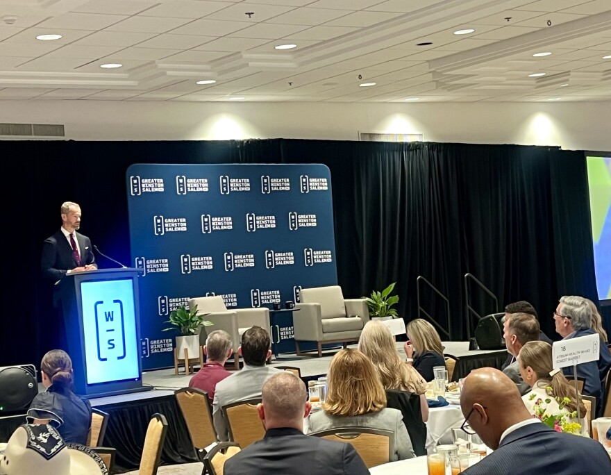 NC Secretary of Commerce Lee Lilley speaks to a crowd at the Benton Convention Center in Winston-Salem on August 18, 2026.