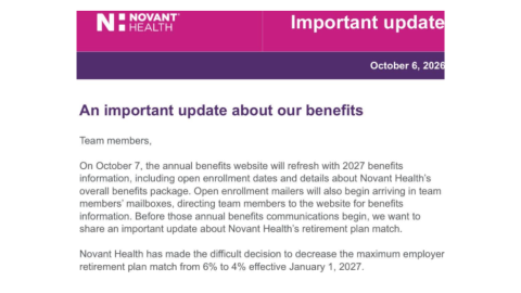 Screenshot of a message sent to Novant Health employees this week.