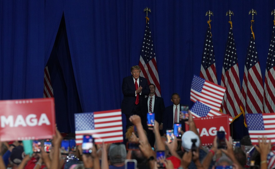 President Donald Trump walks out at his rally for Sen. Darline Graham before thousands of supporters at the Myrtle Beach Convention Center on Aug. 21, 2026.