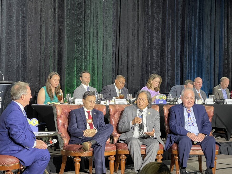 Cherokee Nation Principal Chief Chuck Hoskin Jr., Muscogee Nation Principal Chief David Hill and Osage National Principal Chief Geoffrey Standing Bear speak at the Tulsa Regional Chamber's 2026 "State of the Tribal Nations."