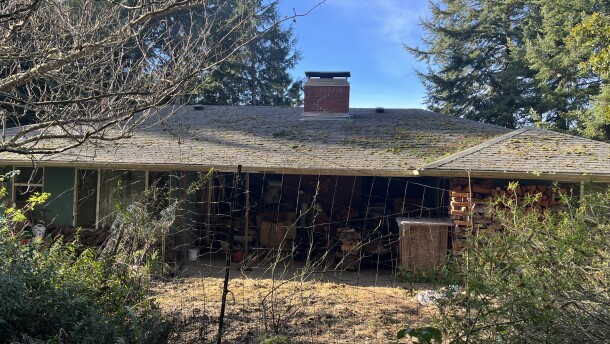 A single story home has a gray roof that is covered in moss. 