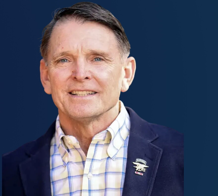 Ed Gallrein in a plaid button-down shirt and navy blazer.