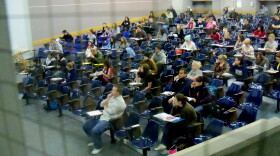 College students listen to a lecture at the University of Nevada, Reno.