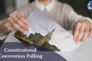Graphic showing a person placing a ballot featuring an image of the Michigan State Capitol into a ballot box. Text reads “Constitutional Convention Polling,” with the It’s Just Politics logo in the upper right corner.