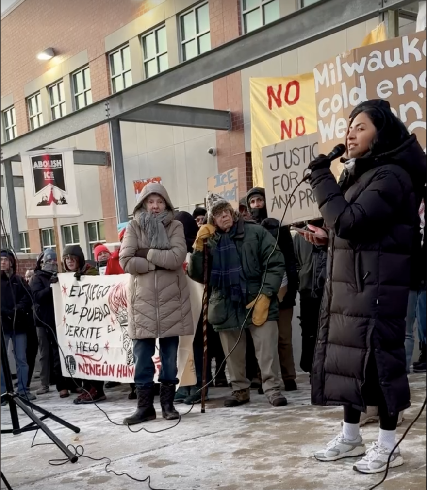 Organizer Fernanda Jimenez addresses people at an emergency protest in front of Milwaukee's ICE office on Wednesday January 28, 2026.
