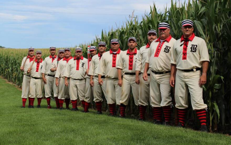 Members of the Belleville Stags Vintage Base Ball Club pose in 2016 in Dyersville, Iowa, where the 1989 movie “Field of Dreams” was filmed. They follow rules and practices of the 1860s.