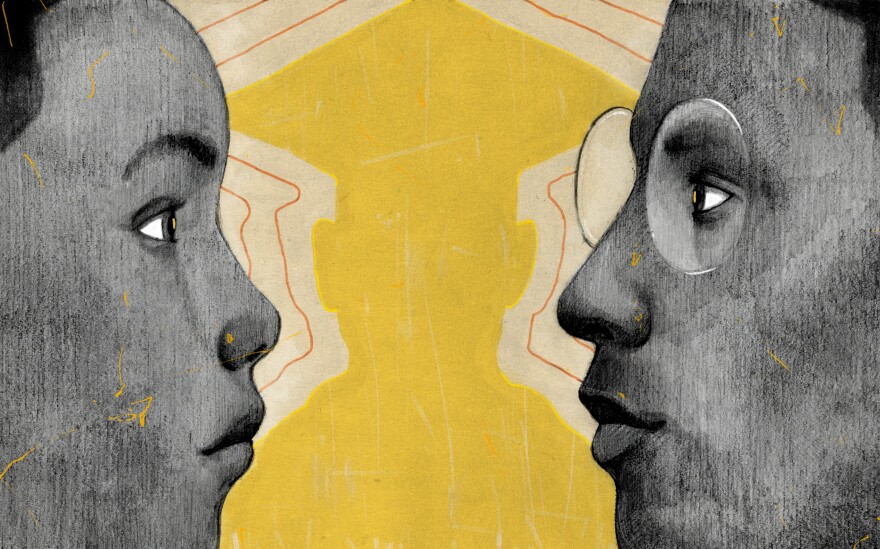 An illustration of two black and white faces facing each other against a yellow background. The person to the left appears to be a child while the person to the right is an adult. 