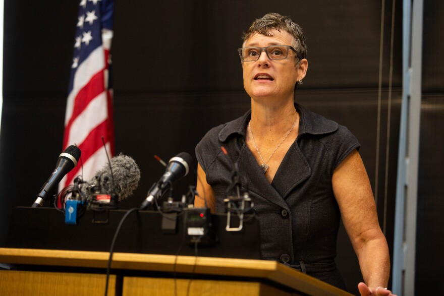 Travis County Judge Sarah Eckhardt speaks at the grand opening for the Central Texas Census Office held at the Austin Public Library Central Branch.